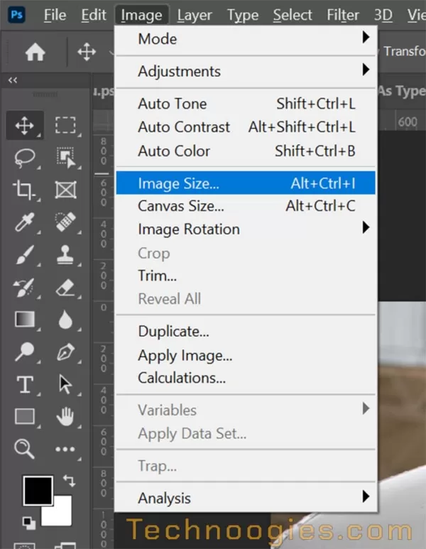 Screenshot of adobe photoshop's interface showcasing the image menu dropdown with options like image size, canvas size, and image rotation. The "image size... " option is highlighted. The top menu bar features file, edit, image, and more for easy navigation.