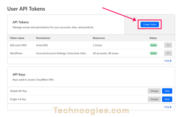 CloudflareのユーザーAPIトークンのページ。 作成されたユーザー API トークンをリストします。 トークン作成ボタンは右上にあります。