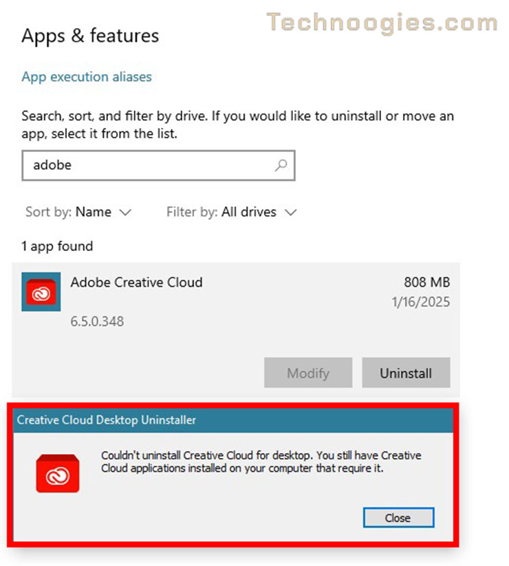 Screenshot of an app settings window showing adobe creative cloud selected for uninstallation. A warning box below states: “couldn't uninstall creative cloud for desktop. You still have creative cloud applications installed on your computer that require it. ”.